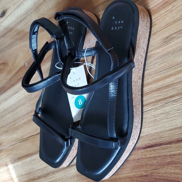 A New Day Nova cork bottom black sandals - Picture 2 of 5